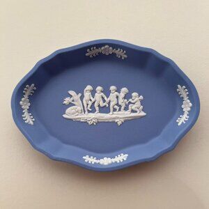 Wedgwood Blue Jasperware Small Oval Trinket Dish with White Motif